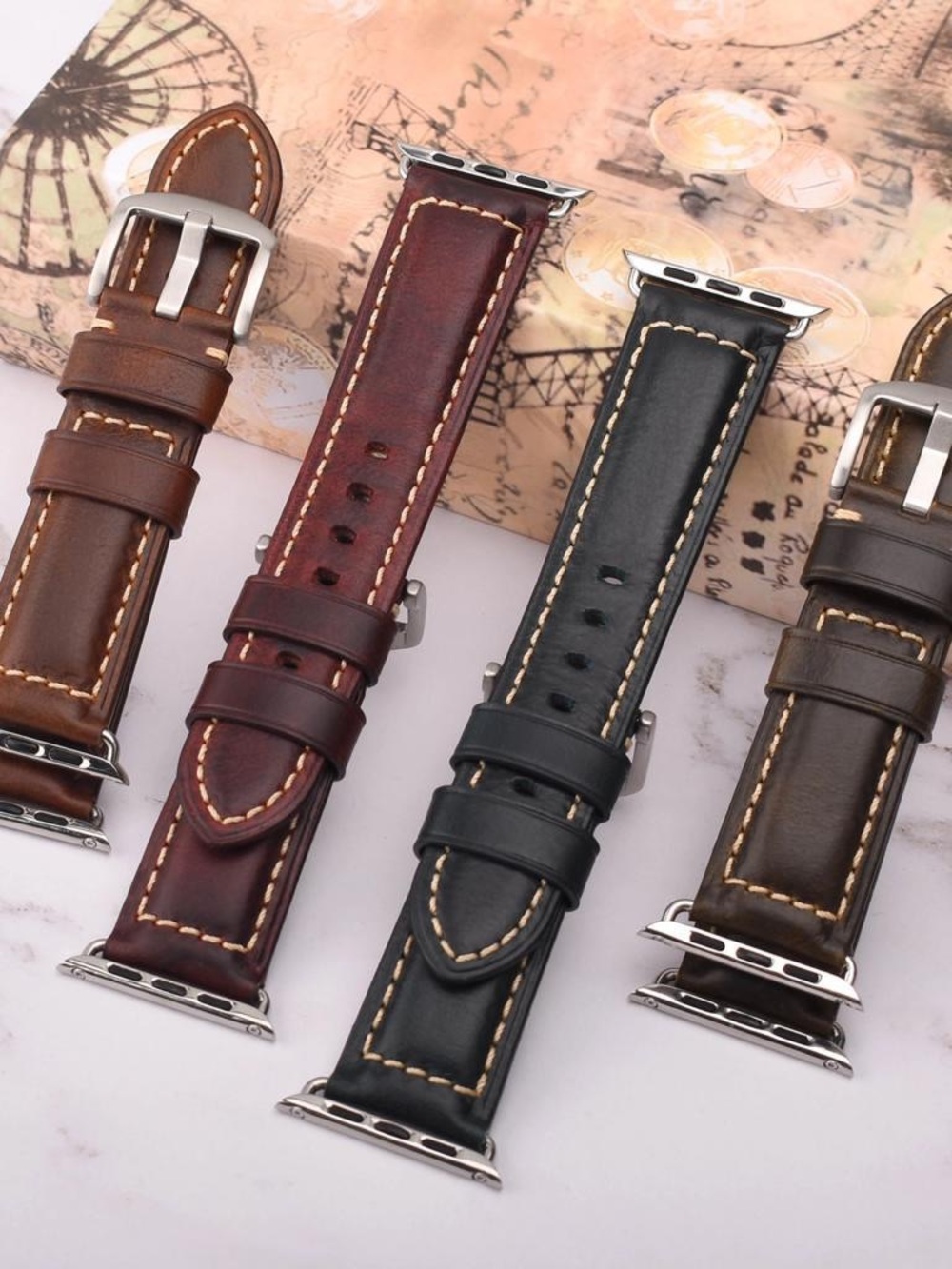 Wine red Italian Oil Wax Leather Watch Band - Contrast Stitch - Picture 2 of 6